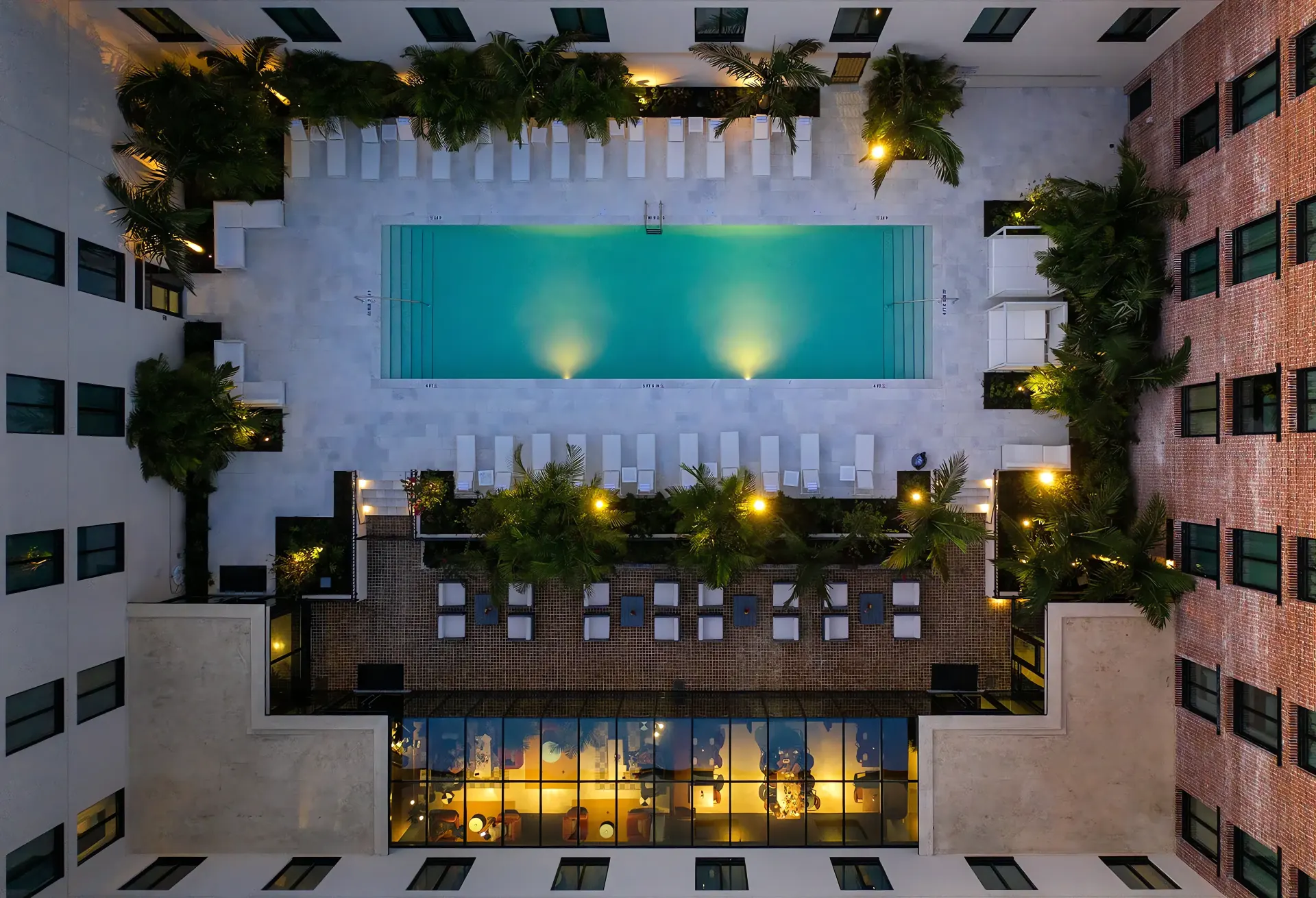Aerial of Hotel Haya and its pool in Ybor City